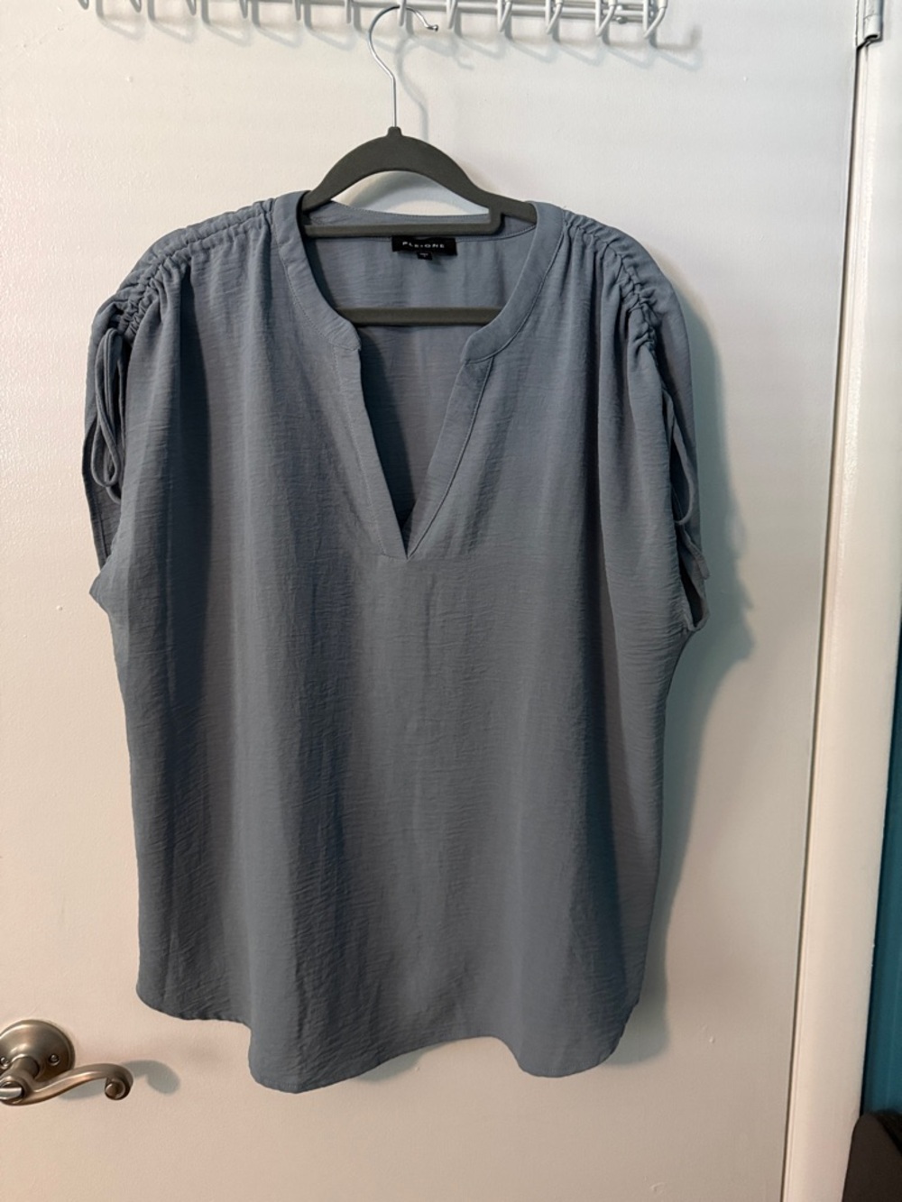 Pleione Slate Blue Split V-Neck Ruched Sleeve Tunic